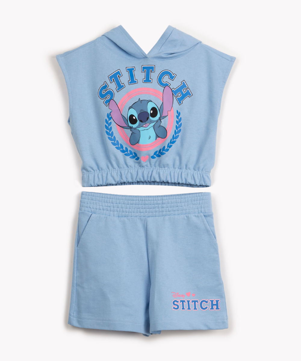 conjunto de moletom infantil stitch manga curta azul
