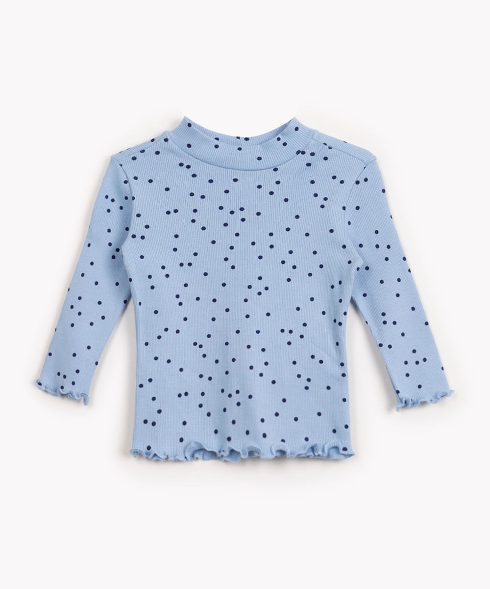 blusa de algodão infantil canelada poá manga longa azul