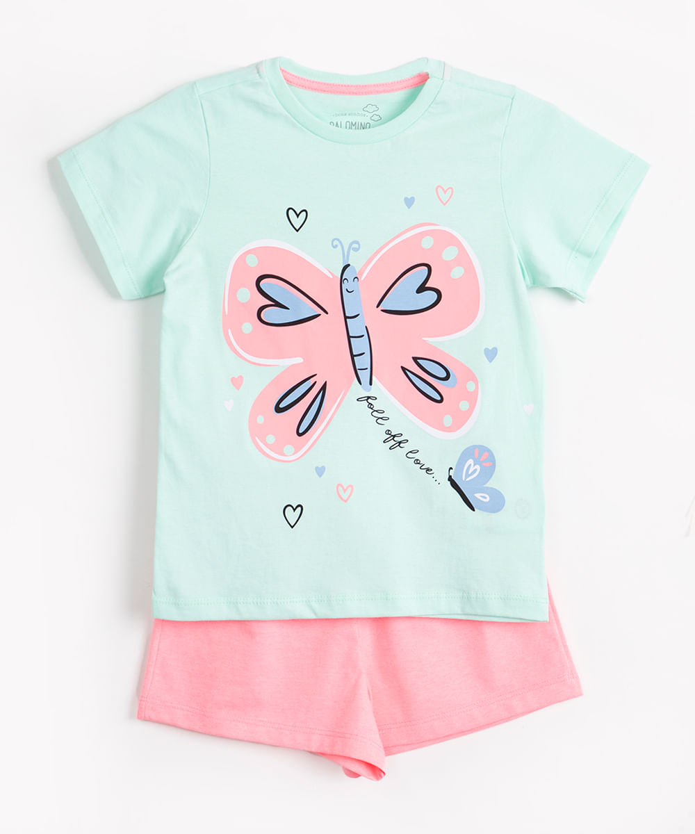 pijama infantil de algodão curto borboleta verde claro