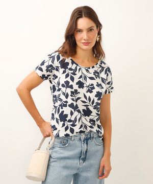 blusa de algodão floral manga curta off white