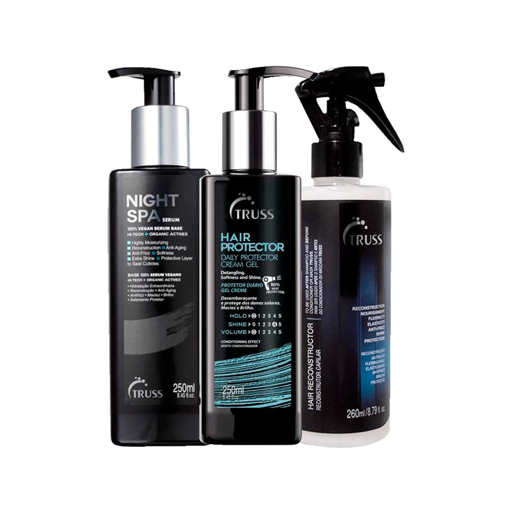 Kit Truss - Sérum Night Spa 250ml e Leave-in Finish Hair Protector 250ml e Tratamento de Reconstrução Uso Obrigatório 260ml