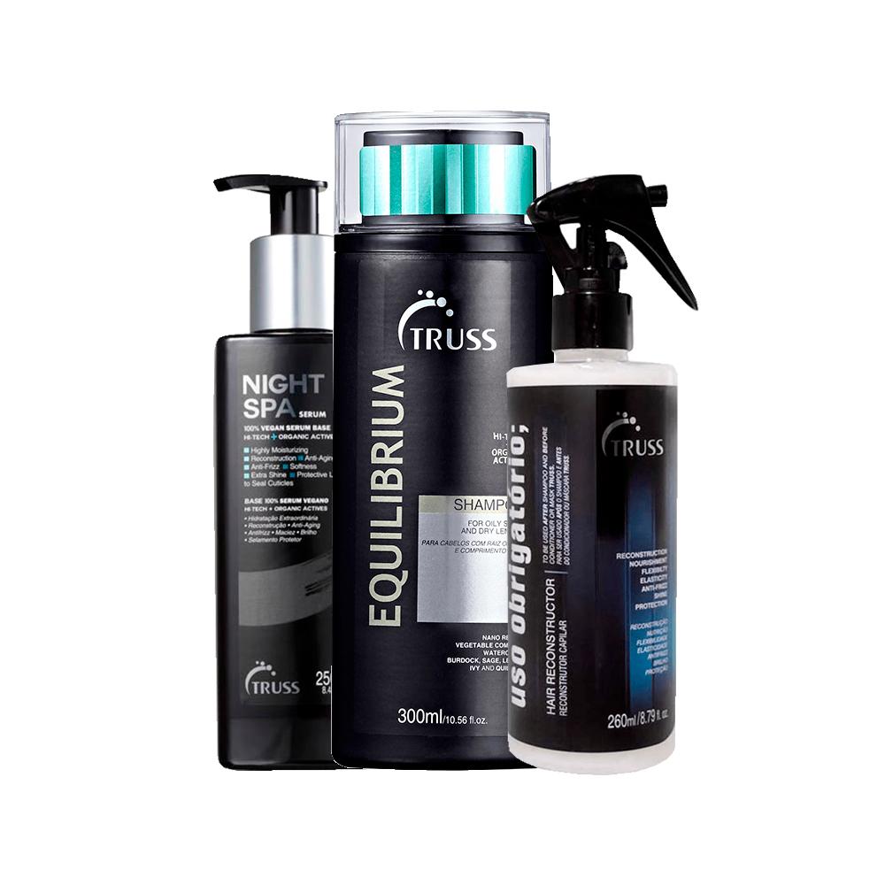 Kit Truss - Tratamento de Reconstrução Uso Obrigatório 260ml e Shampoo Equilibrium 300ml e Sérum Night Spa 250ml