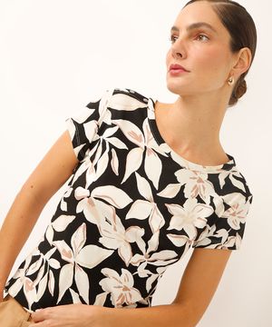 blusa de viscose floral com botões preta