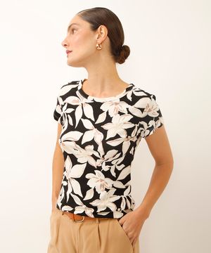 blusa de viscose floral com botões preta