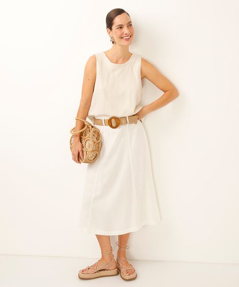saia midi com linho cintura alta - off white