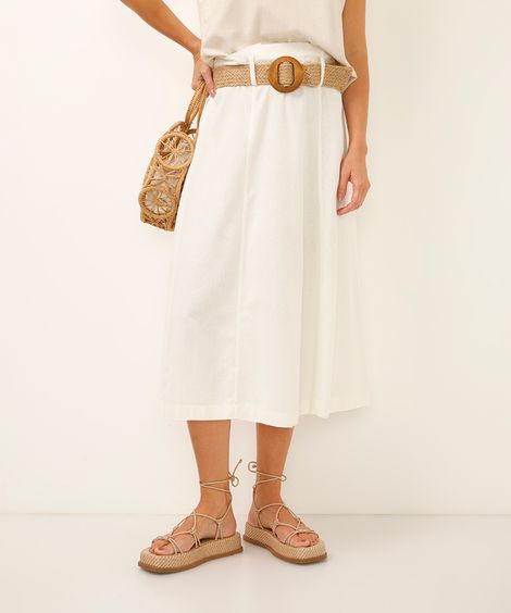 saia midi com linho cintura alta - off white