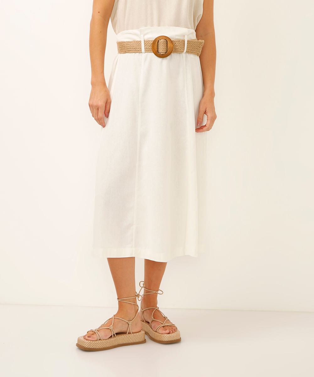 saia midi com linho cintura alta - off white