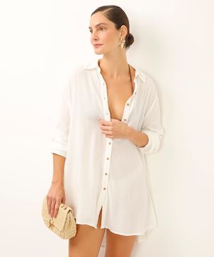 chemise saída de praia em viscose texturizada off white