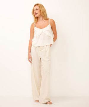 calça alfaiataria wide leg com pregas bege