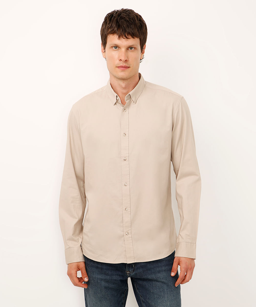 camisa comfort sarja leve manga longa bege