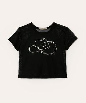 blusa de tule brilho manga curta preto