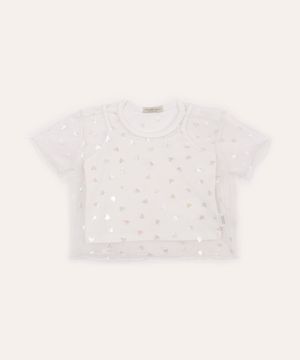 blusa de tule infantil coração holográfico off white