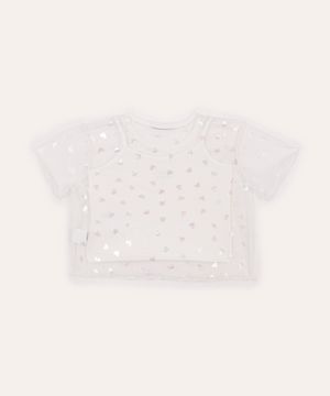 blusa de tule infantil coração holográfico off white