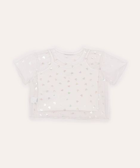 blusa de tule infantil coração holográfico off white