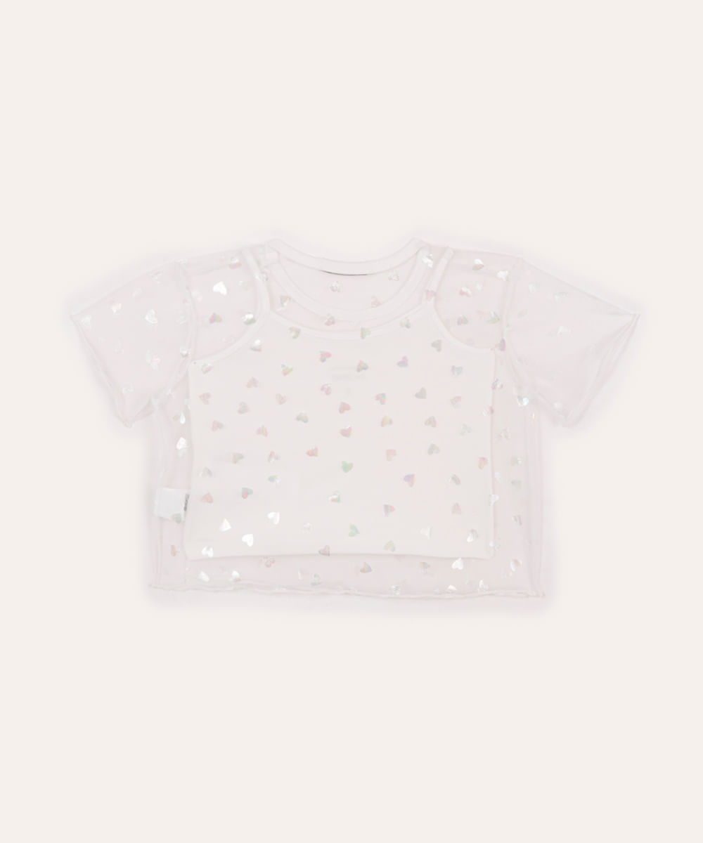 blusa de tule infantil coração holográfico off white