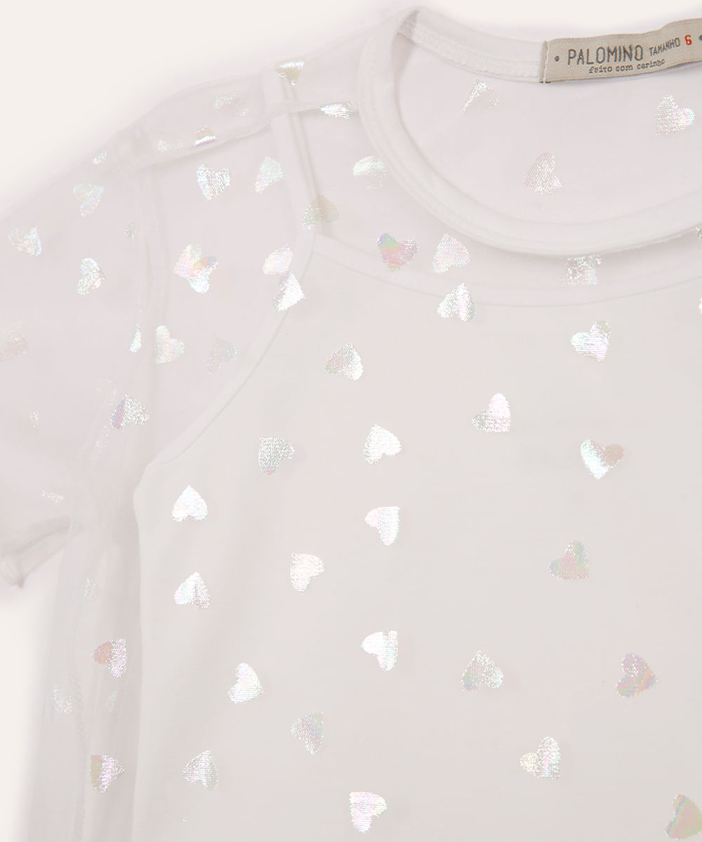 blusa de tule infantil coração holográfico off white