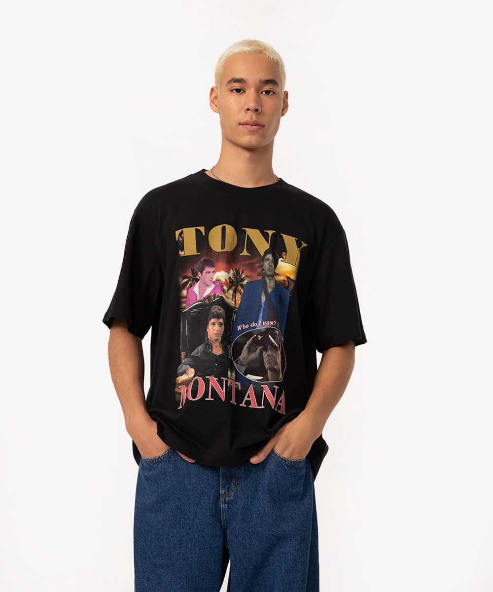camiseta de algodão manga curta oversized scarface preto