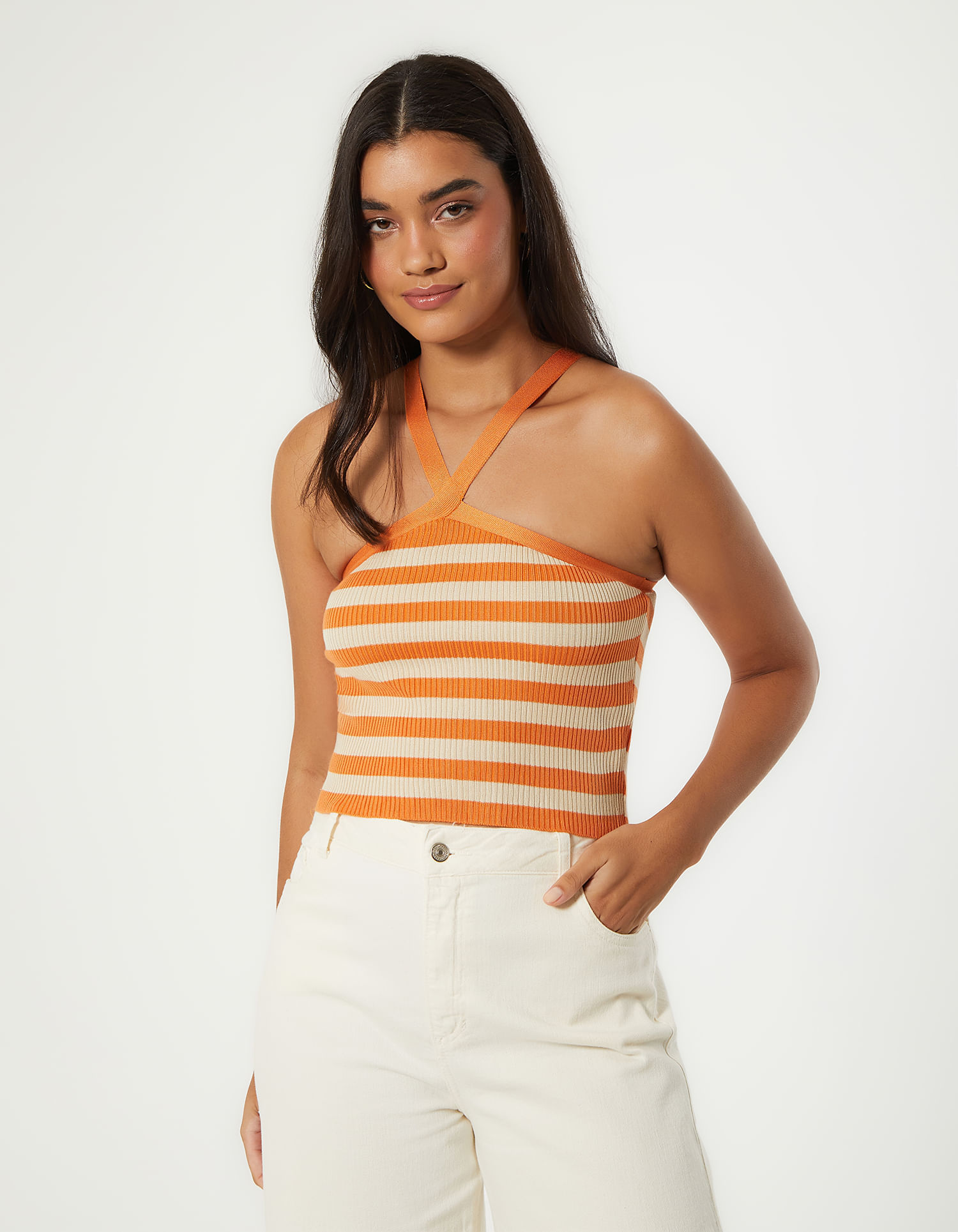 Blusa Tricot Listrado Laranja e Off White Zinzane