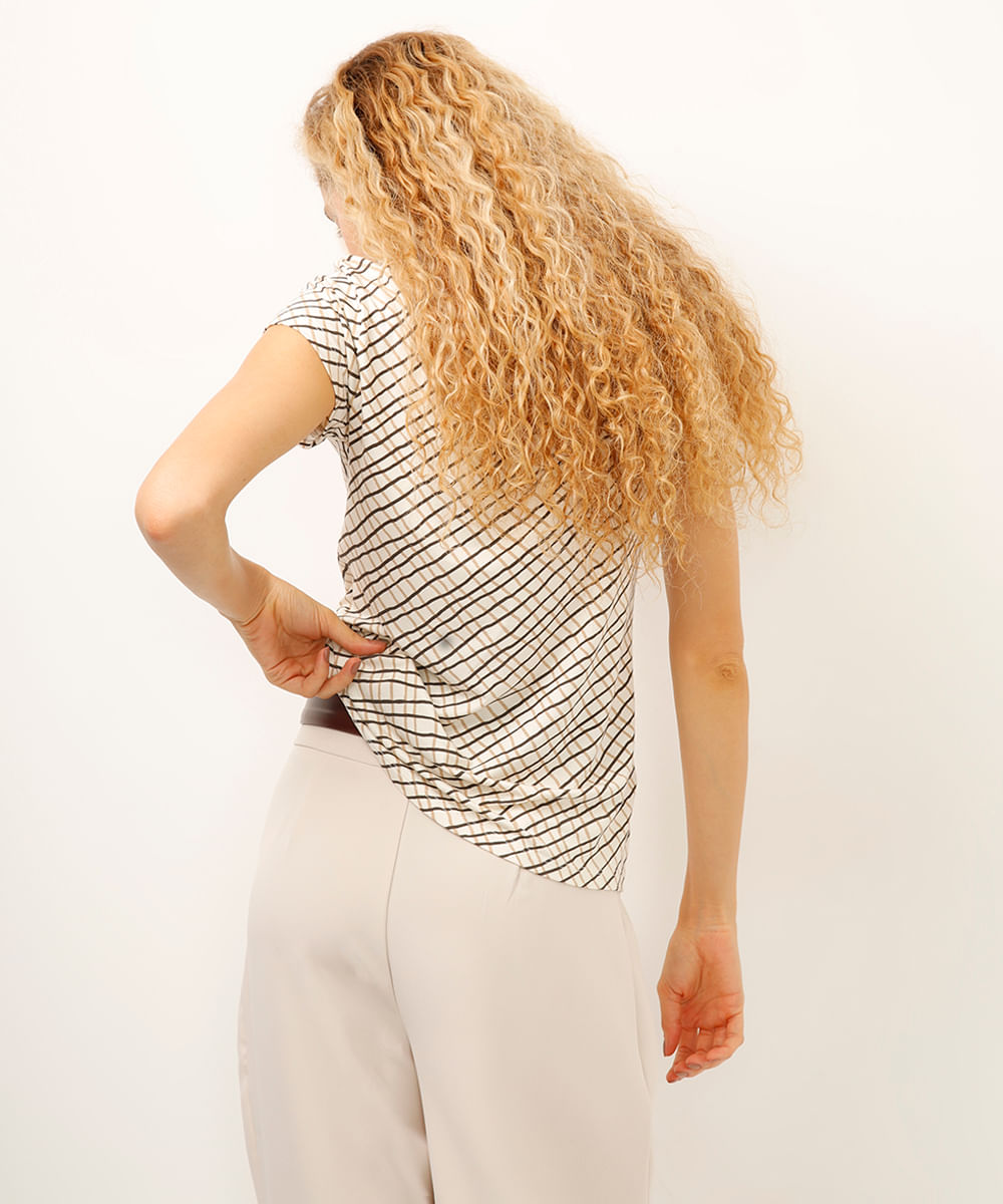 blusa de viscose xadrez com botões off white