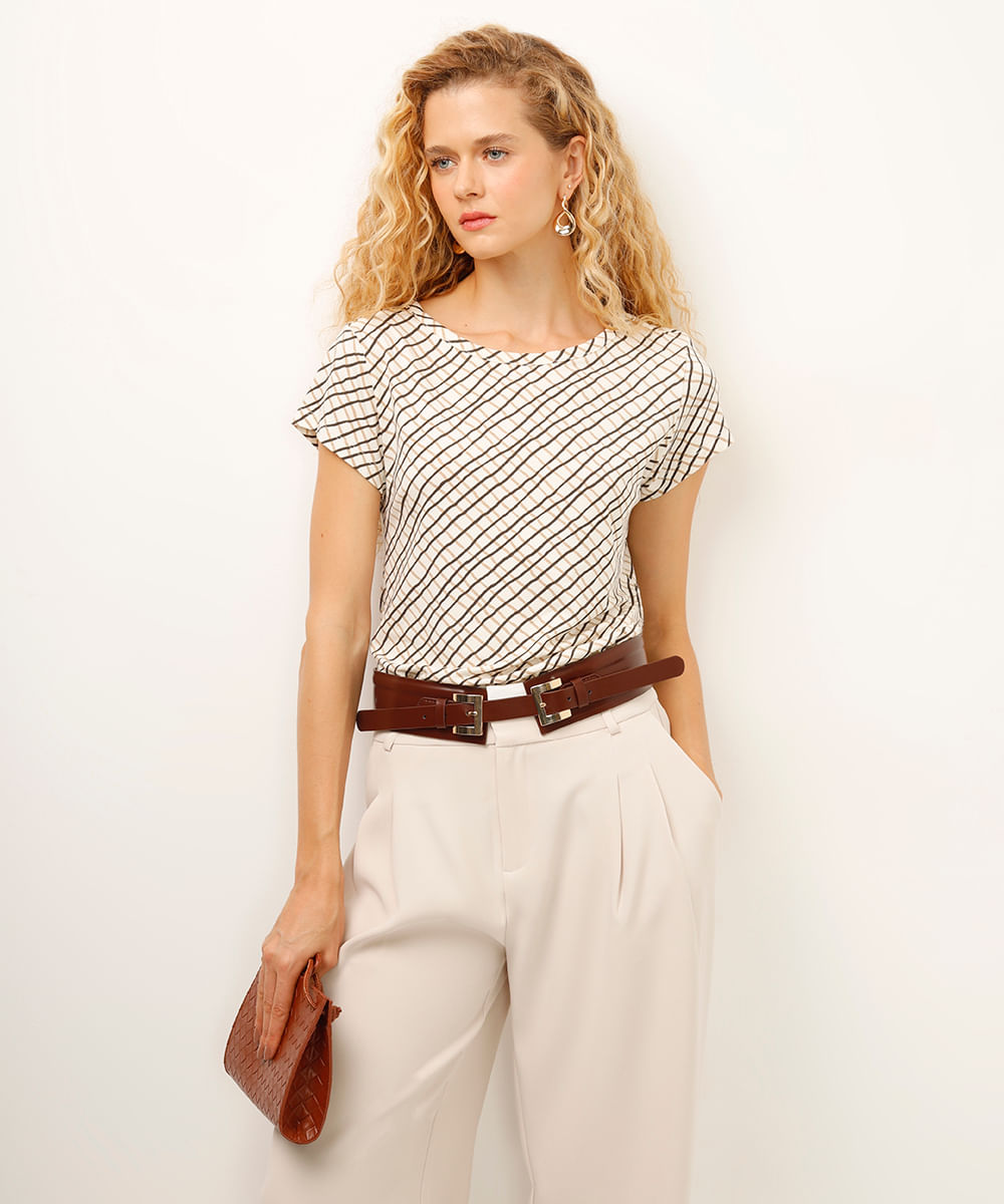 blusa de viscose xadrez com botões off white