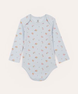 body infantil de algodão floral manga longa - azul claro