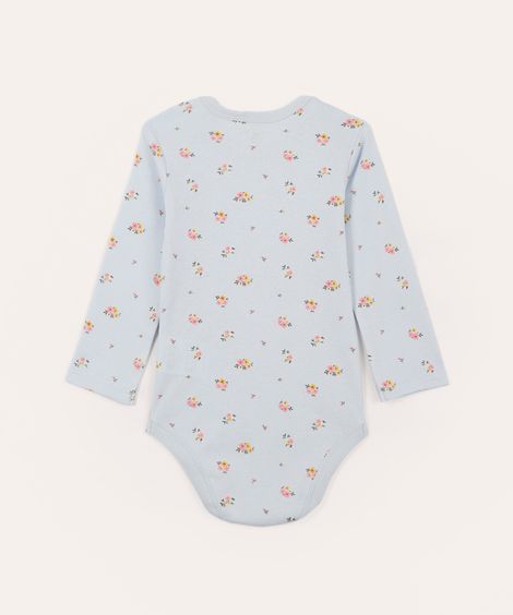 body infantil de algodão floral manga longa - azul claro