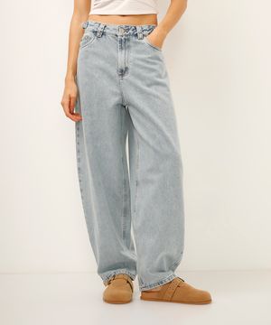 calça baggy jeans cintura ajustável azul