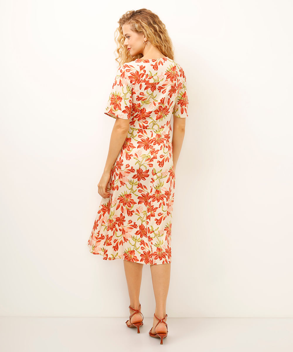 vestido midi de viscose floral bege