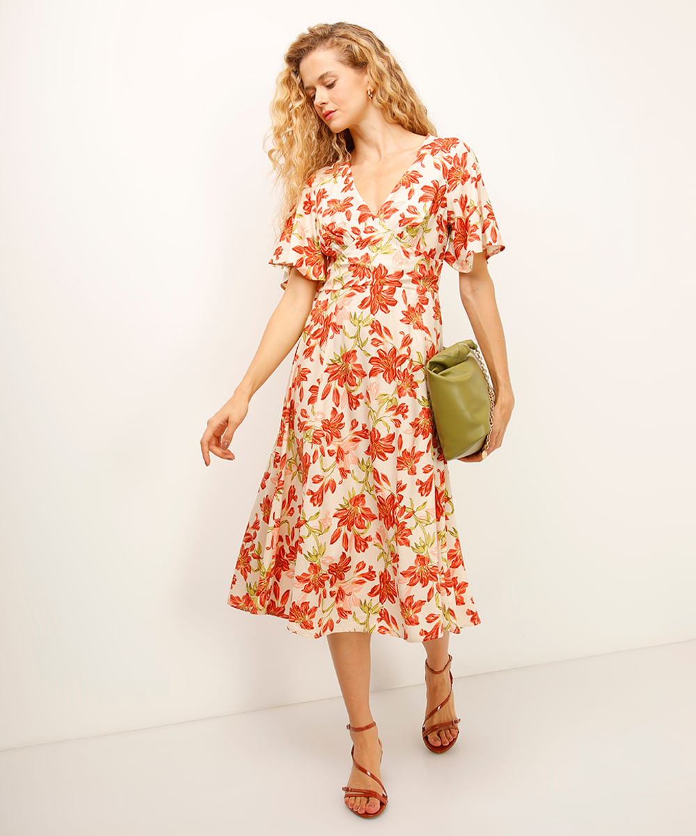 vestido midi de viscose floral bege