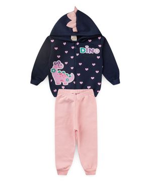 Conjunto Bebê Moletom Menina Com Capuz Dino Girl Viston Azul Marinho e Rosa Bebê