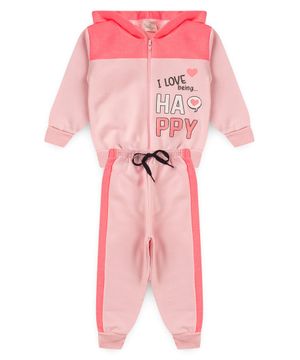 Conjunto Infantil Moletom Menina Com Capuz I Love Being Happy Viston Rosa Bebê