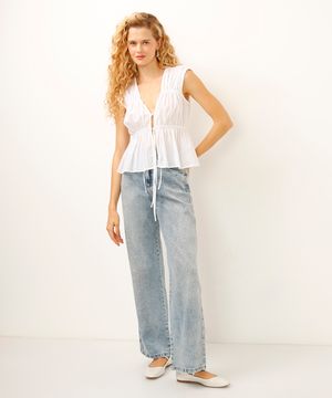 calça wide leg jeans com brilhos azul