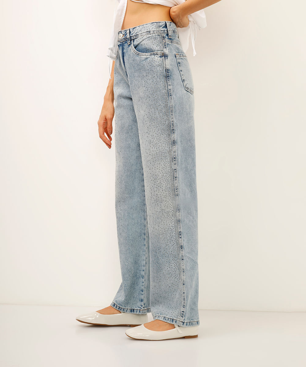 calça wide leg jeans com brilhos azul