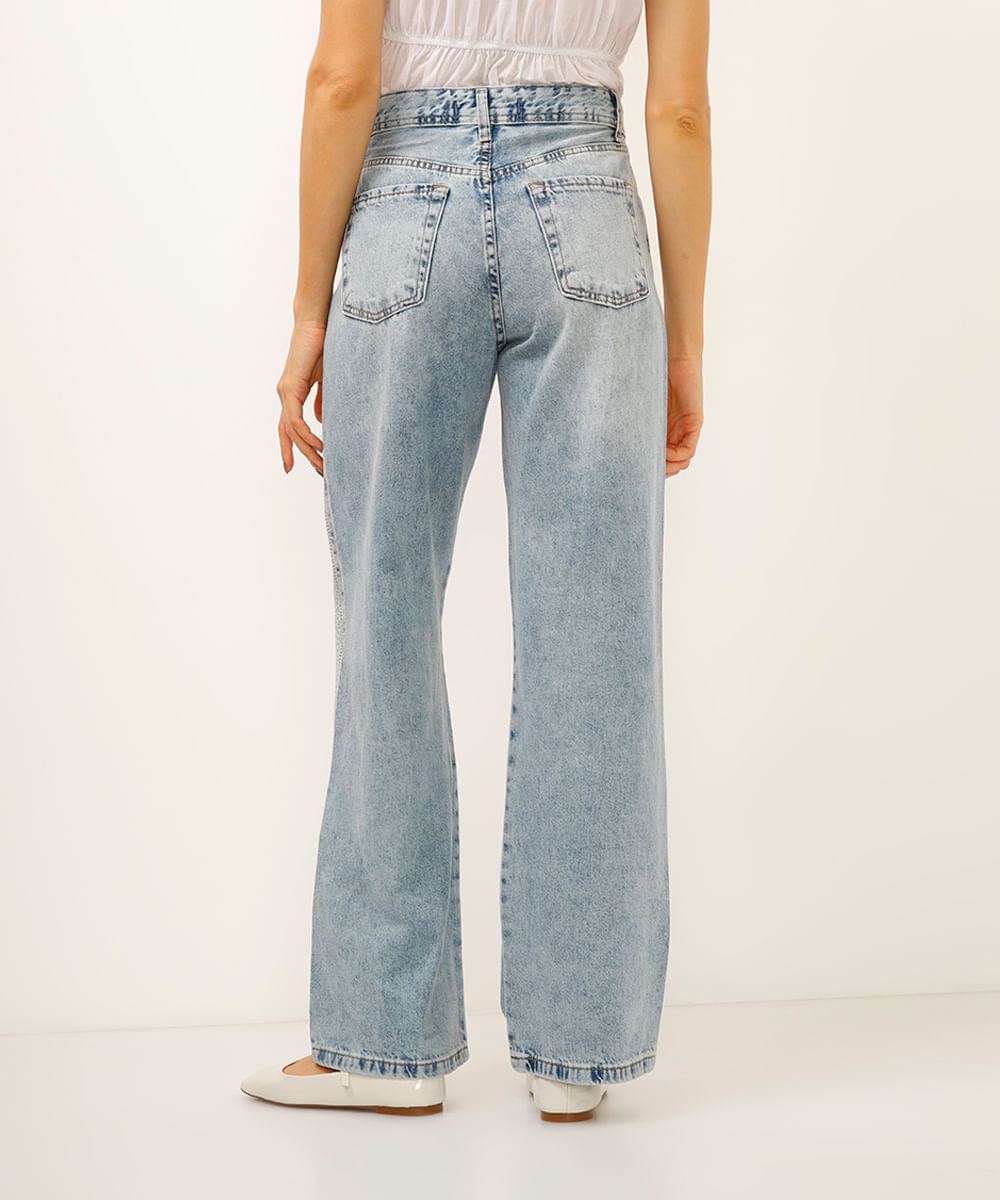 calça wide leg jeans com brilhos azul