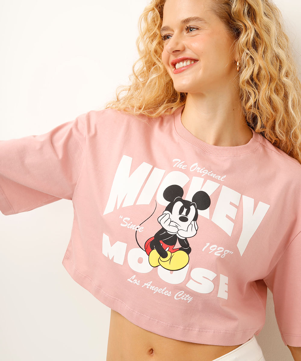 cropped de algodão mickey mouse rosa