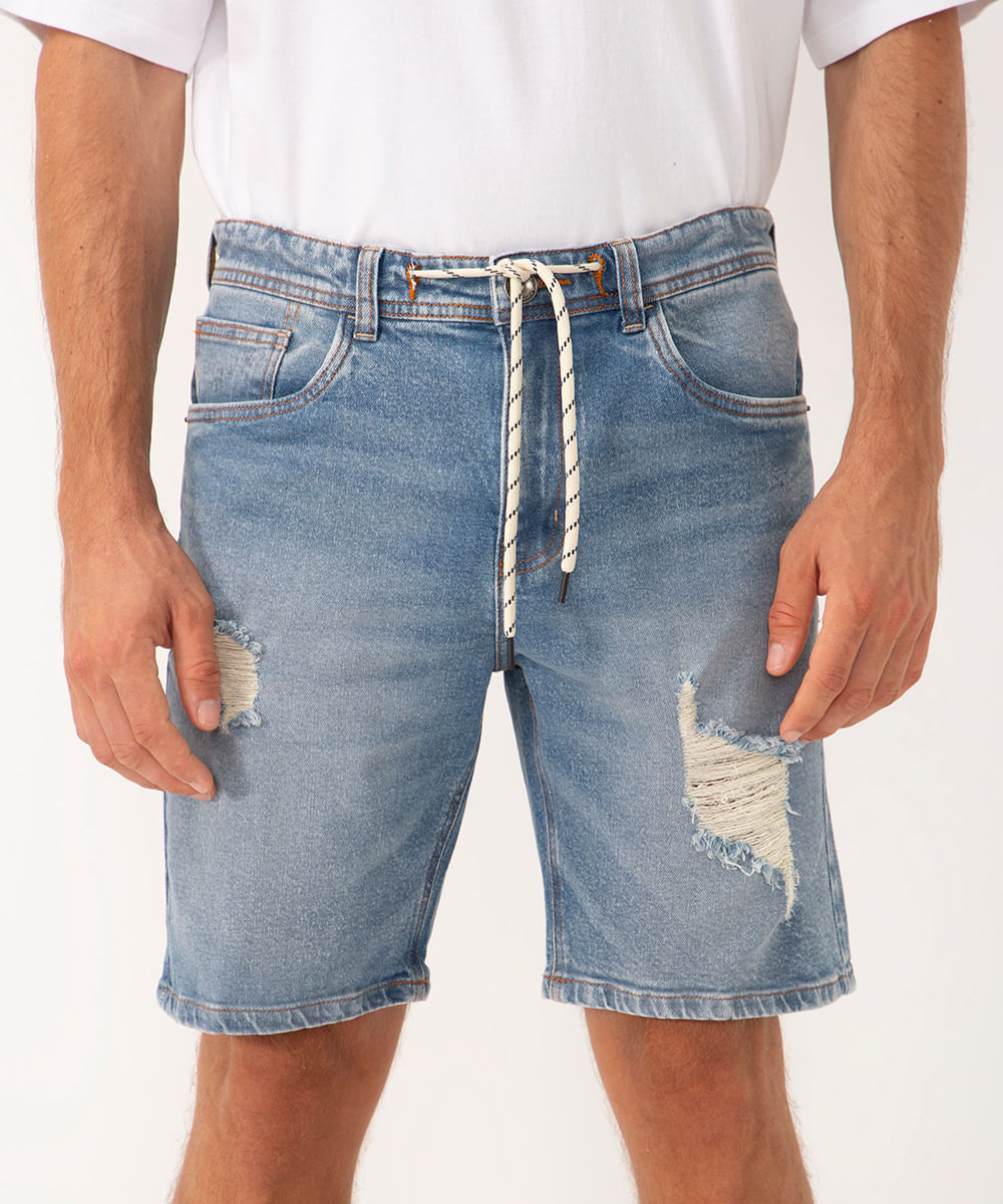 bermuda jeans destroyed azul médio