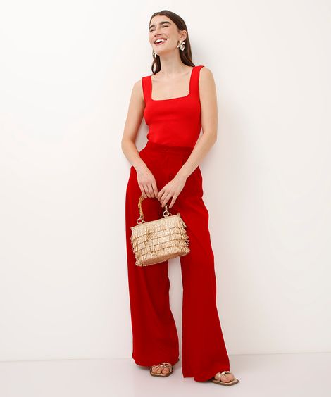 calça wide leg com linho e pregas vermelha