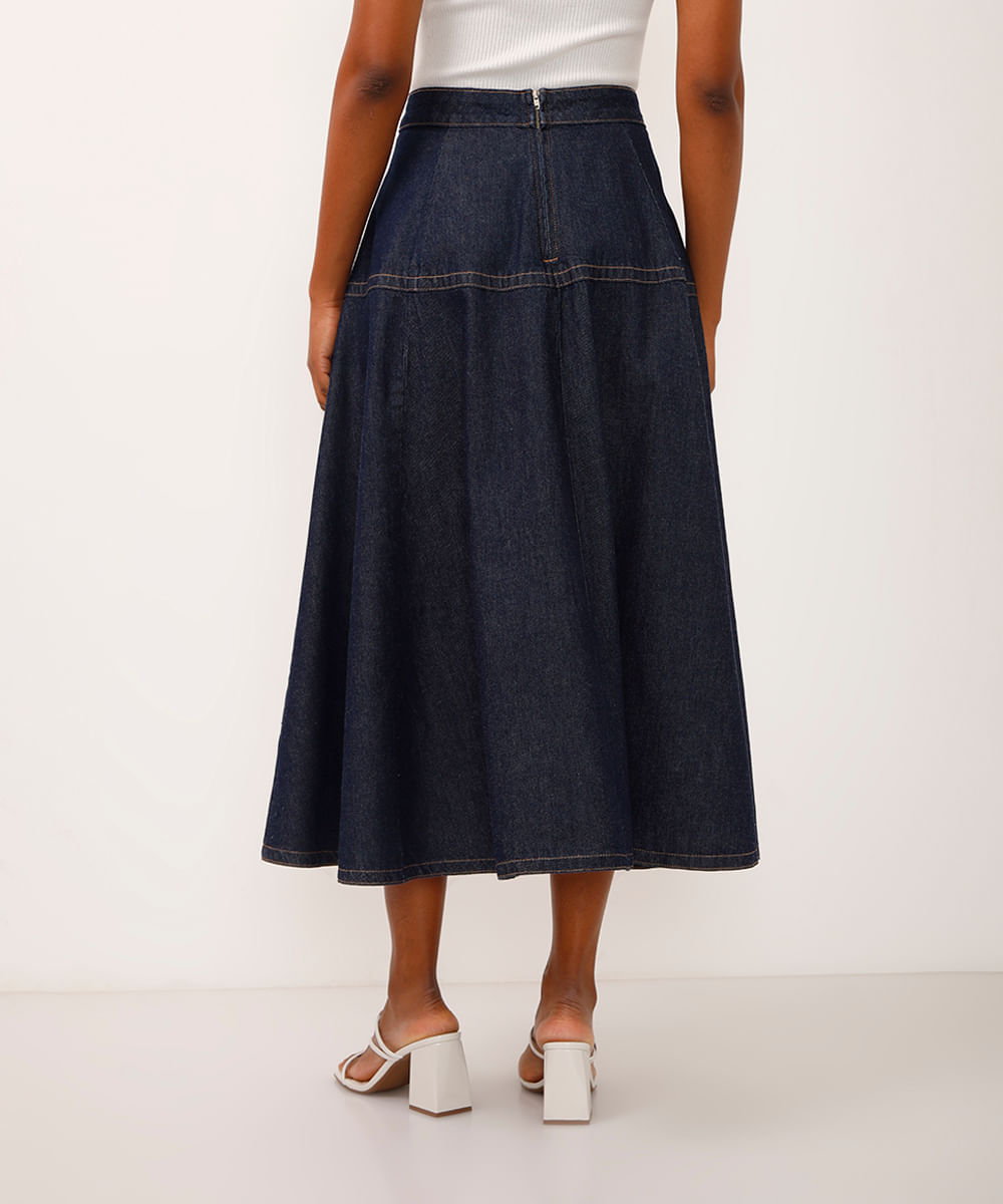 saia midi godê jeans cintura super alta azul