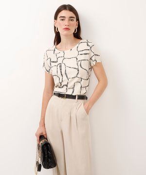 blusa de viscose geométrica com botões bege