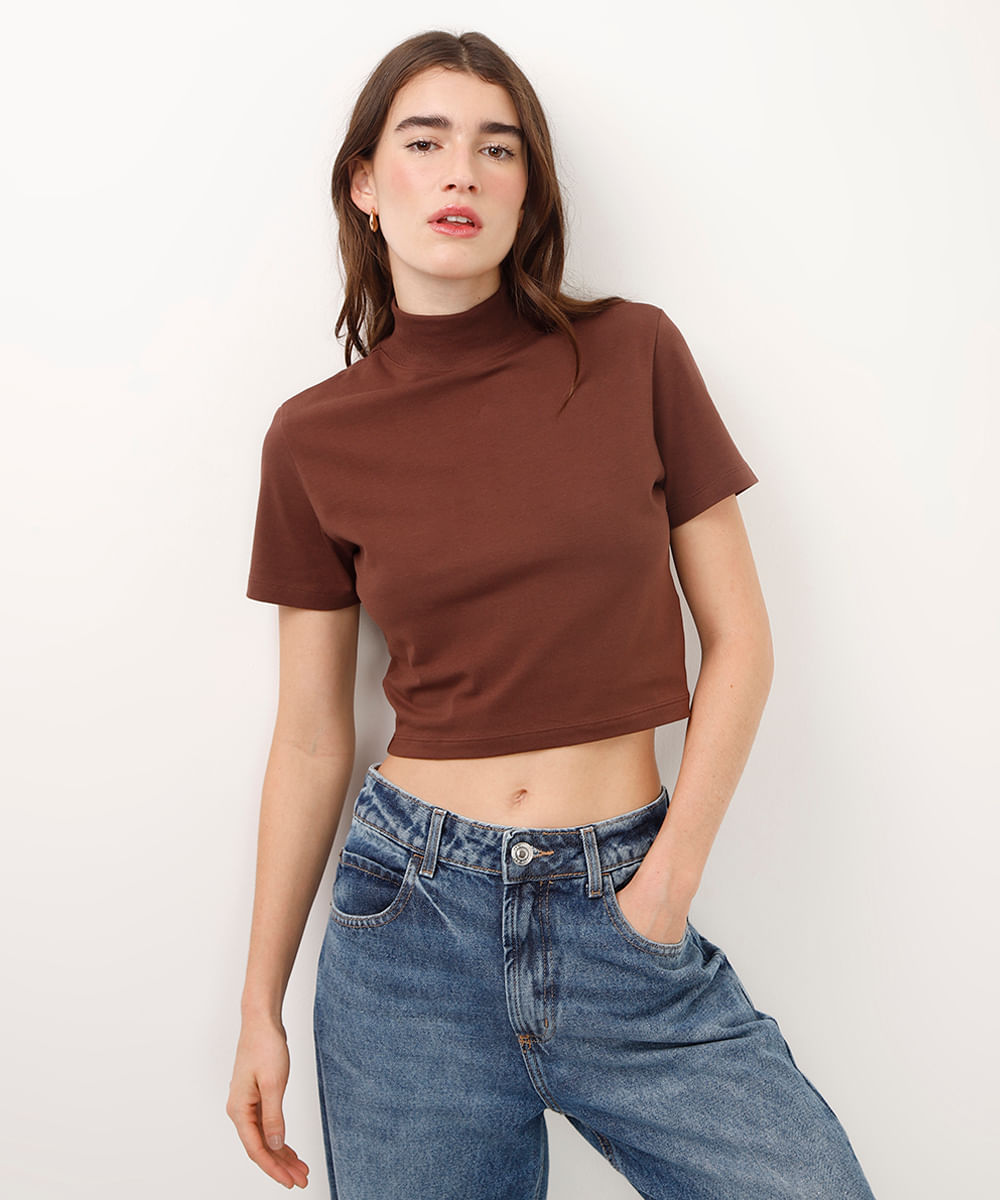 cropped de algodão peruano gola alta marrom