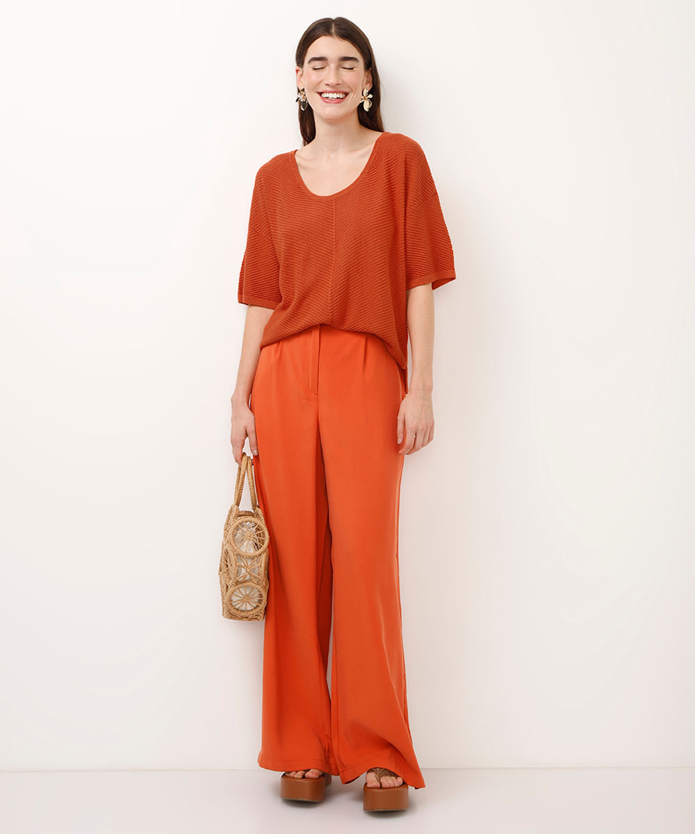 blusa de tricot texturizada com lurex laranja