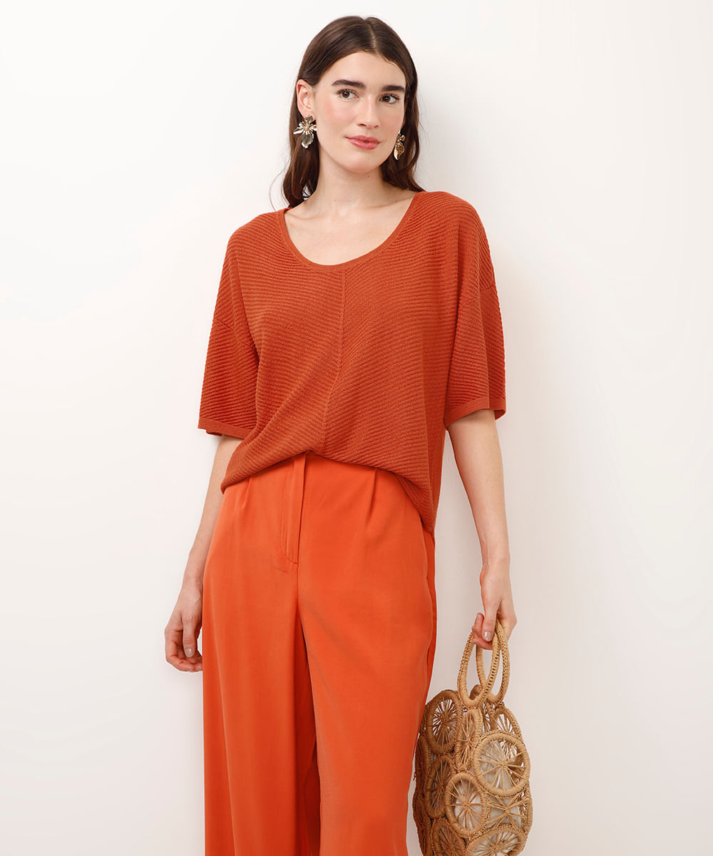 blusa de tricot texturizada com lurex laranja
