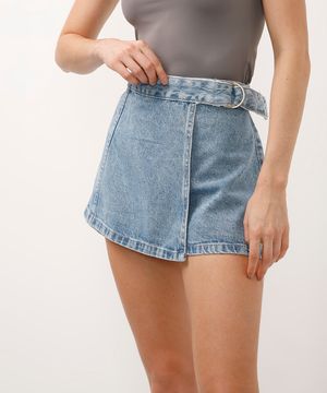 short saia jeans transpassado azul