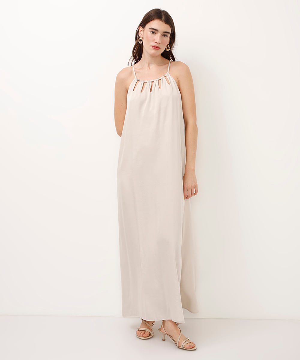 vestido longo com fenda bege