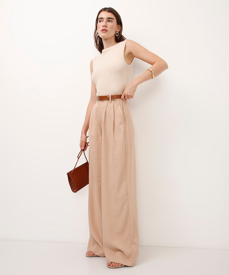 calça wide leg cintura alta com cinto bege