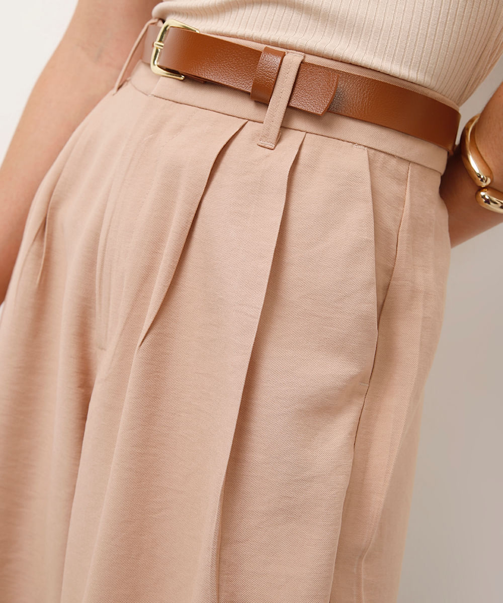 calça wide leg cintura alta com cinto bege