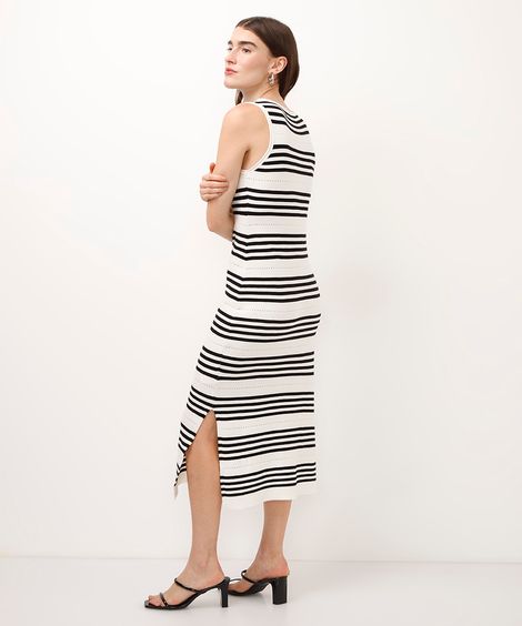 vestido midi de tricot com fendas listrado off white