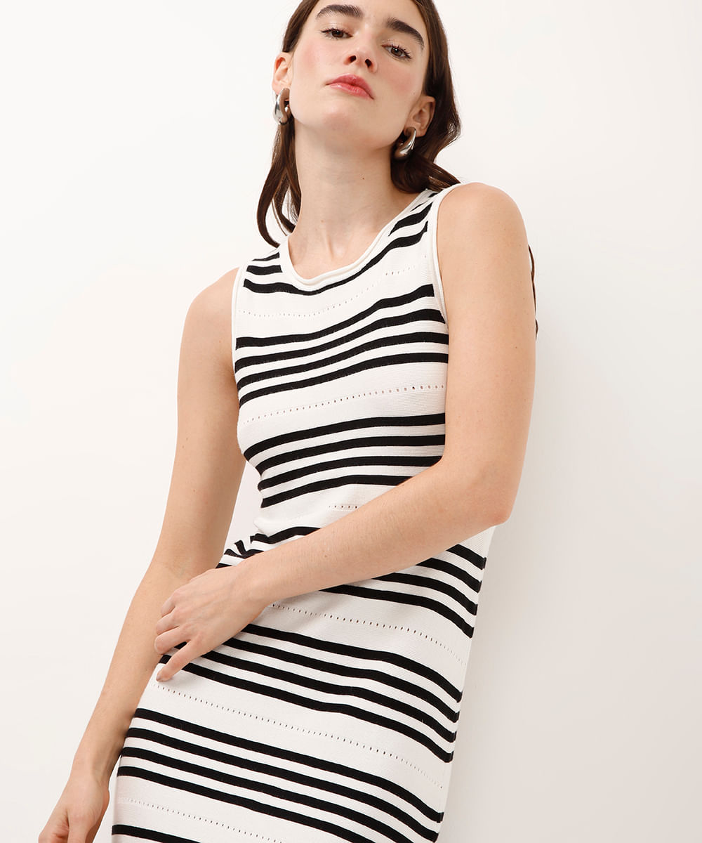 vestido midi de tricot com fendas listrado off white