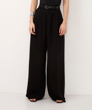 calça wide leg cintura alta com cinto preta