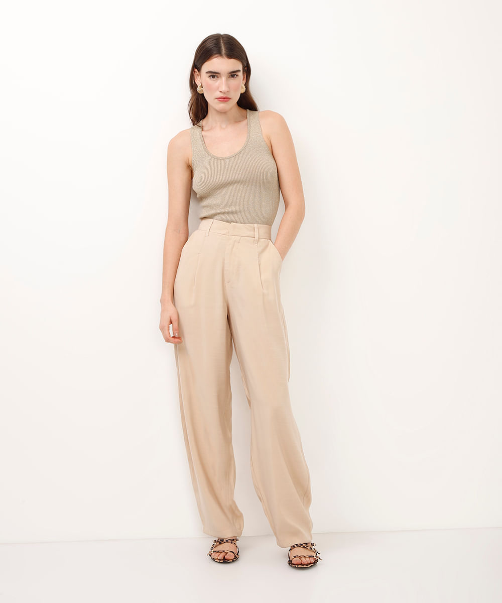 regata de tricot canelada com lurex dourada